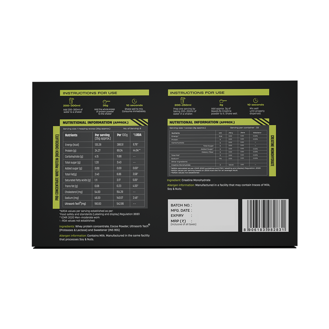 The Beast Box - 300g Pro Concentrate Whey Protein Rich Chocolate, Creatine Monohydrate Unflavoured 100g , Gym Bag, Shaker 750ml