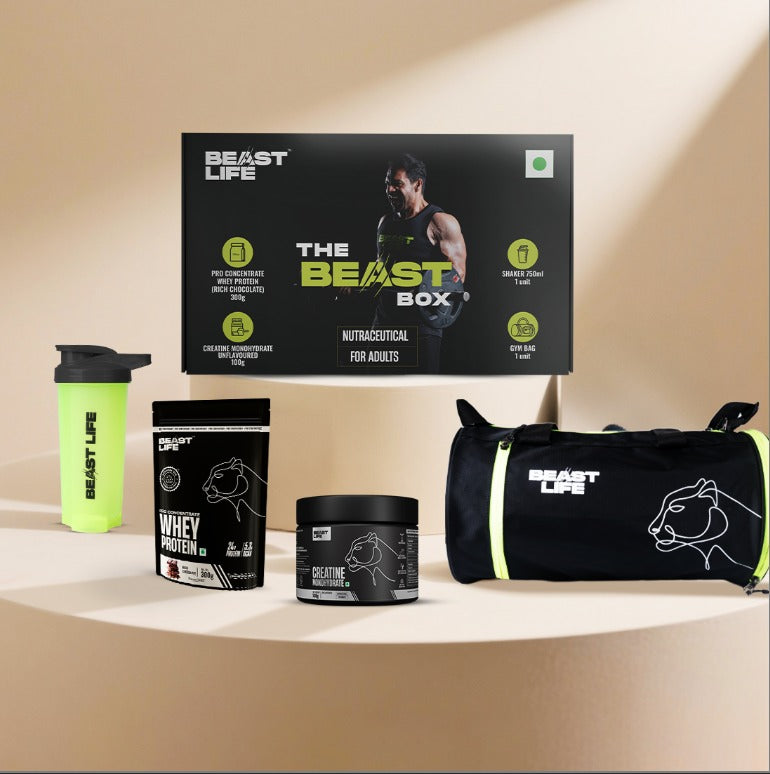 The Beast Box - Pro Whey Protein Rich Chocolate, Creatine Monohydrate , Gym Bag & Shaker (4 in 1)