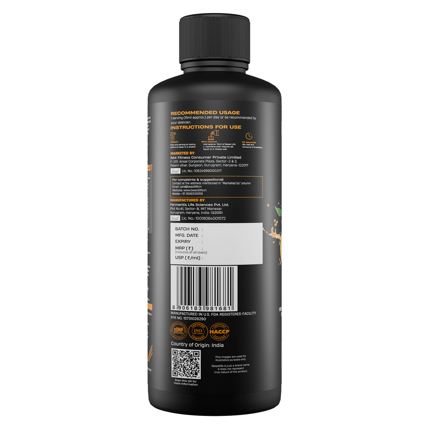 BeastLife L-Carnitine with Vitamin B5 (Orange, 450ml) | 1100mg L- Carnitine