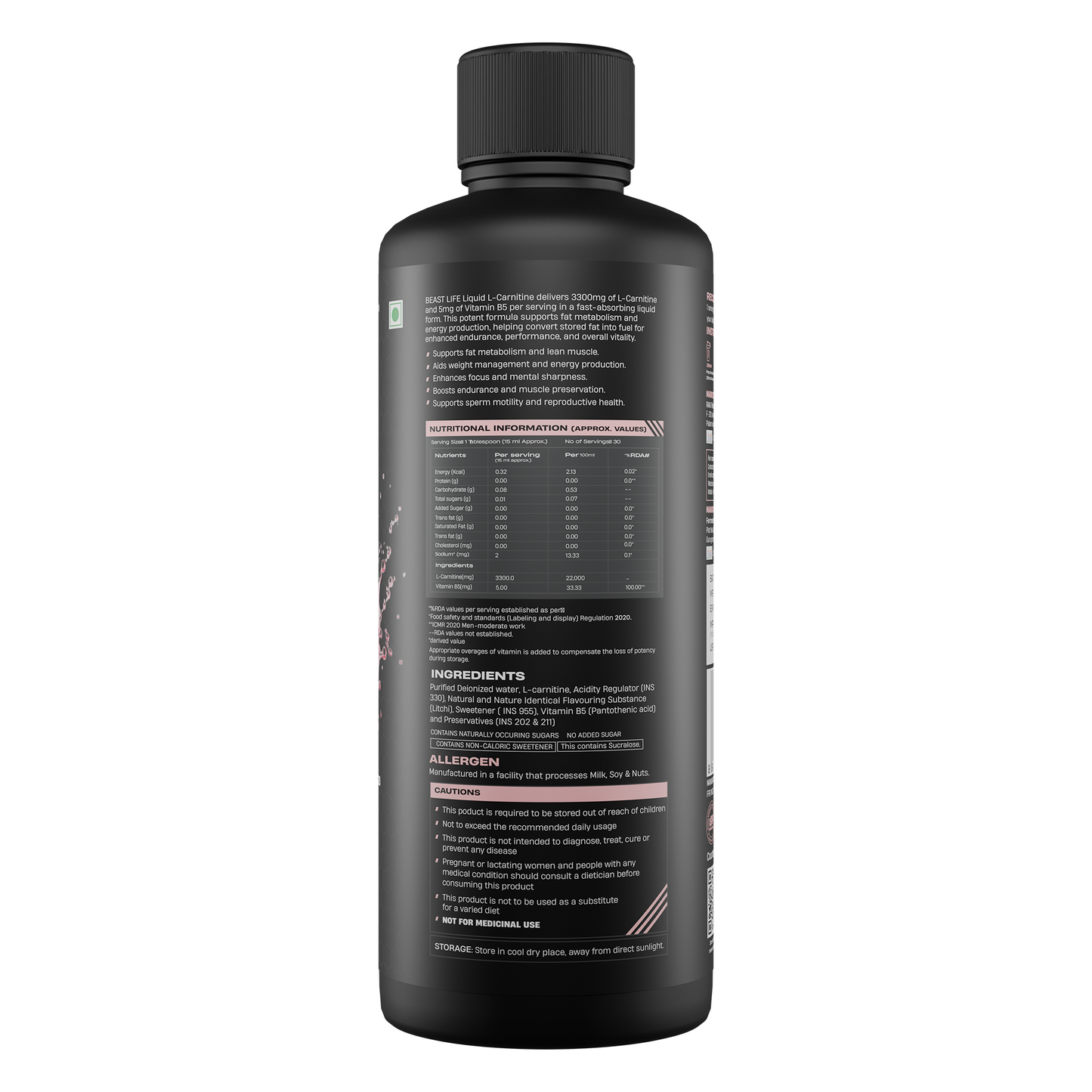 BeastLife L-Carnitine with Vitamin B5 (Litchi, 450ml) | Triple Strength Formula | 3300mg L- Carnitine