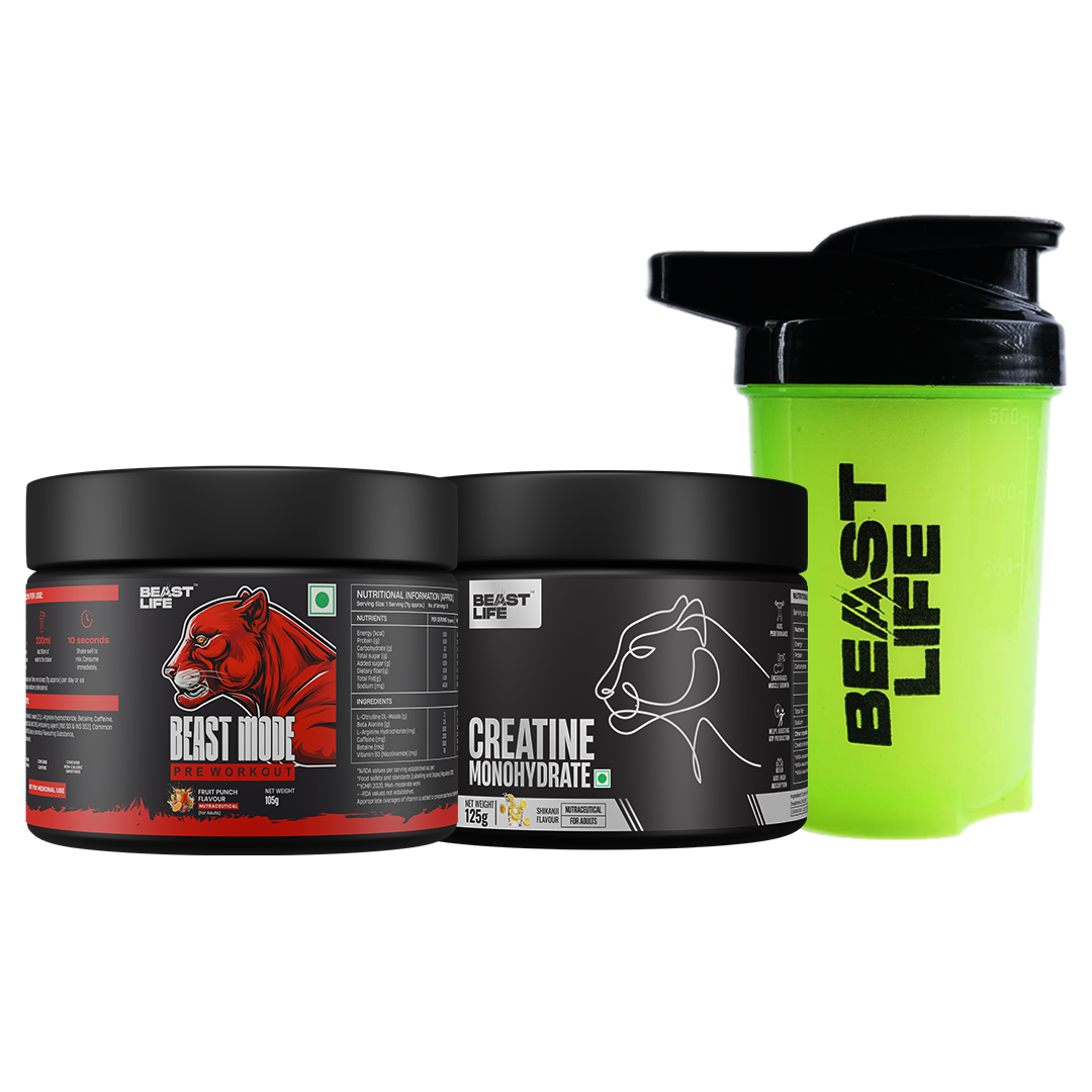 PRE WORKOUT FRUIT PUNCH 105G + CREATINE MONOHYDRATE SHIKANJI 125G + SHAKER NEON 500ML