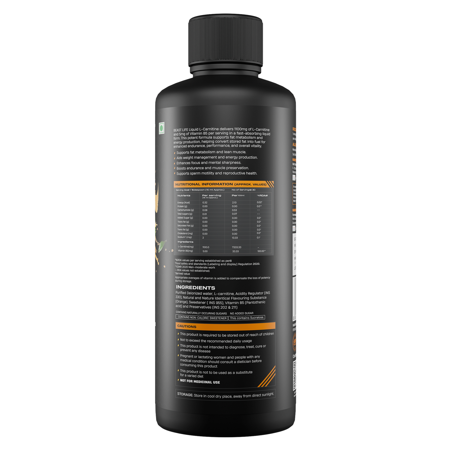 BeastLife L-Carnitine with Vitamin B5 (Orange, 450ml) | 1100mg L- Carnitine