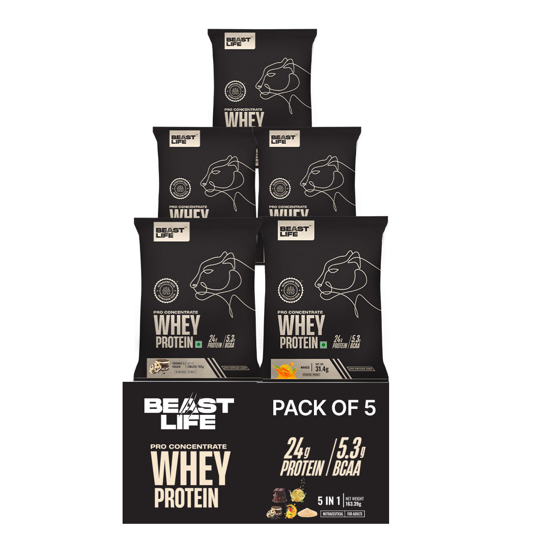 Pro Whey Protein Travel Pack Assorted (Pack of 5, All in one)